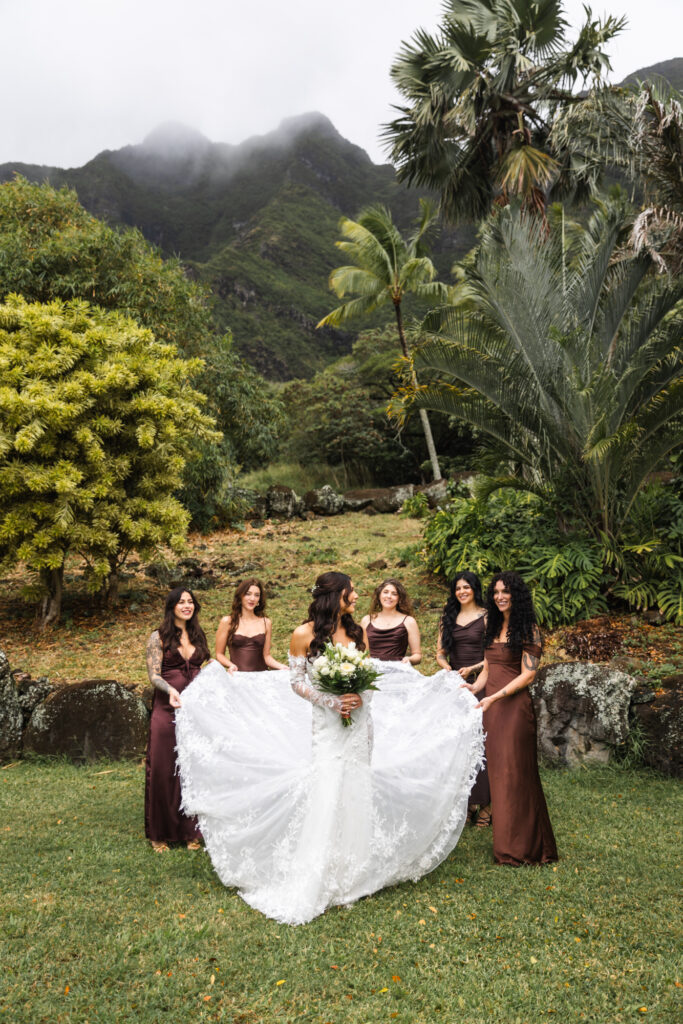 dramatic bridesmaids photos at Kualoa Ranch