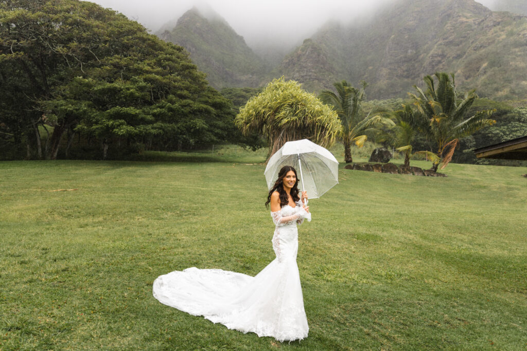 Moody bridal portrait at Kualoa Ranch wedding